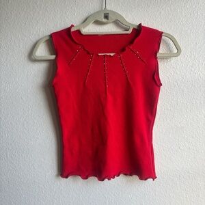 Vintage 90s Y2K Forever 21 Red Rhinestone Lettuce Hem Baby Tee Tank Top Size S
